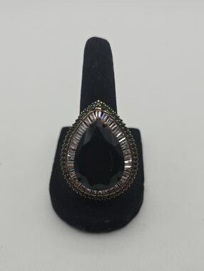 Sterling Silver Emerald Colored Crystal Teardrop Statement Cocktail Ring